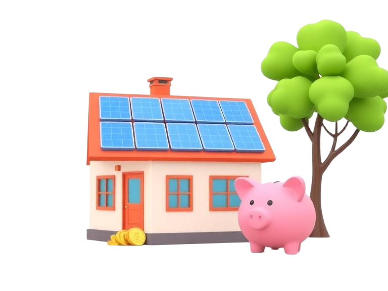 Illustration of a home with rooftop solar panels beside a piggy bank