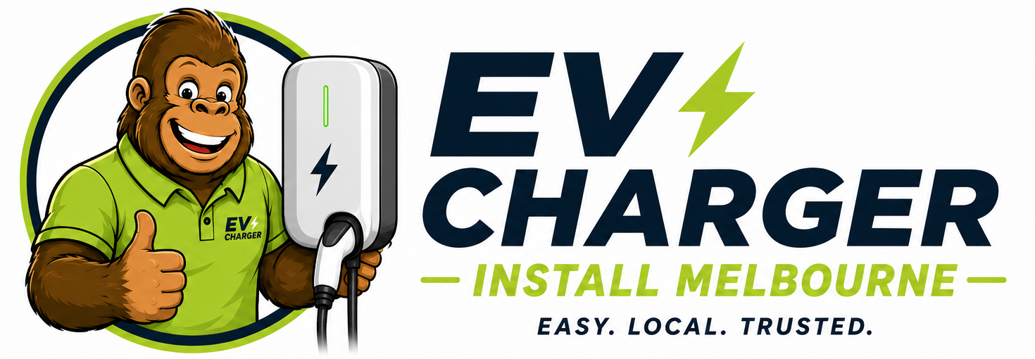 EV Charger Install Melbourne — cartoon gorilla mascot in a lime EV Charger polo beside a white wall-mounted EV charger. Easy. Local. Trusted.